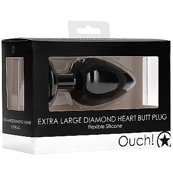 Анальная пробка крупного размера «Extra Large Diamond Heart Butt Plug» с прозрачным стразом в форме сердечка, рабочая длина 8 см, Shots OU337BLK, бренд Shots Media, из материала Силикон, коллекция Ouch!, длина 9.5 см.