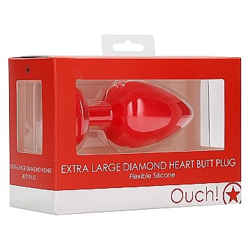 Анальная пробка большого размера «Extra Large Diamond Heart Butt Plug» с прозрачным стразом в форме сердца, красная, рабочая длина 8 см, Shots OU337RED, коллекция Ouch!, длина 9.5 см.