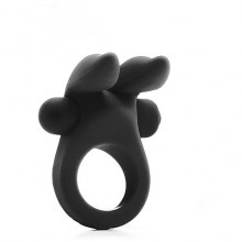 Эрекционное кольцо с двумя ушками и с вибрацией «Rabbit Cockring», черное, Shots Media SHT213BLK, из материала Силикон