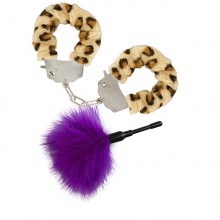 Металлические наручники леопардового цвета и фиолетовая щекоталка, Toy Joy ET002, из материала Искусственный мех