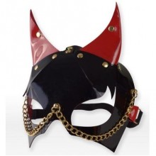 Черно-красная маска дьяволенка с рожками из черной и красной натуральной лаковой кожи с миндалевидными прорезями для глаз, Sitabella 3190-12, цвет Черный, длина 21 см.