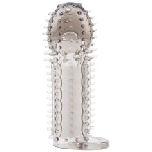 Насадка на пенис с шипами и кольцом для мошонки «Superme Nubby Sleeve», прозрачная дымчатая, Chisa Novelties CN-371620545, из материала TPE, цвет Прозрачный, длина 14.5 см.