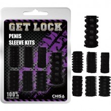 Набор из 7 черных насадок на пенис «Get Lock», Chisa CN-330325419, из материала TPE, длина 4.3 см.