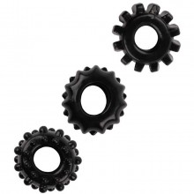 Набор из 3 рельефных эрекционных колец, цвет черный, Chisa Novelties CN-620869179, из материала TPE, коллекция GK Power