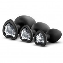 Набор из 3 черных пробок с прозрачным кристаллом-сердечком «Bling Plugs Training Kit», Blush novelties BL-395835, из материала Силикон, цвет Черный, длина 9.5 см.