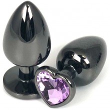 Черная анальная пробка с сиреневым кристаллом-сердечком, общая длина 7.5 см, Vandersex 400-HVLILM, цвет Сиреневый, длина 7.5 см.