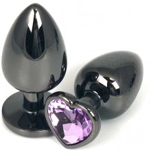 Черная гладкая анальная пробка с сиреневым кристаллом-сердечком, общая длина 7.5 см, Vandersex 400-HVLILL, цвет Сиреневый, длина 7.5 см.
