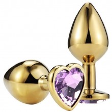 Золотистая анальная пробка с сиреневым кристаллом-сердечком, общая длина 7.5 см, Vandersex 170-GMLIL, цвет Сиреневый, длина 7.5 см.