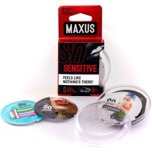 Ультратонкие презервативы в пластиковом кейсе «Sensitive», упаковка 3 шт, Maxus 0901-009, цвет Прозрачный, длина 18 см.