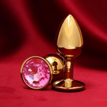 Золотистая анальная пробка с розовым кристаллом, Сима-Ленд 5215666, из материала Алюминий, цвет Золотой, длина 7 см.