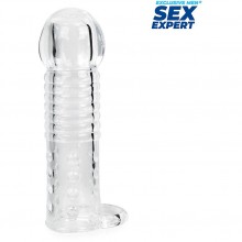 Насадка с кольцом для мошонки, цвет прозрачный, Sex Expert SEM-55242, длина 13.5 см.