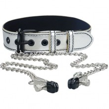 Ошейник с зажимами для сосков на цепочках «Metallic Silver Collar With Nipple Clamp», цвет серебристый, LoveToy LV761006, длина 45 см.