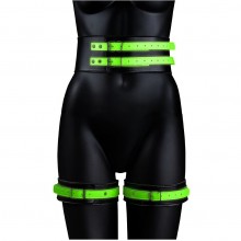 Набор из искусственной кожи для бондажа «Thigh Cuffs & Belt Neon Green», цвет черный, размер L/XL, Shots Media OU733GLOLXL, из материала Экокожа, коллекция Ouch!