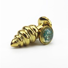 Золотая ребристая анальная пробочка с синим стразом, металл, OEM TAP-0087S, цвет Золотой, длина 7.9 см.