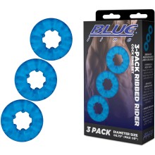 Комплект из трех колец для эрекции «3-Pack Ribbed Rider Cock Ring Set», BlueLine BLM4028-BLU, цвет Голубой, диаметр 4.2 см.