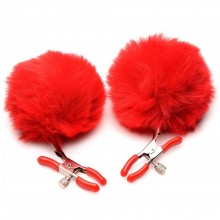 Зажимы для сосков «Charmed Pom Pom Nipple Clamp», цвет красный, XR Brands XRAG866-Red, длина 11.4 см.