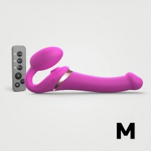 Гибкий вибро-страпон «Multi Orgasm Bendable Strap-on» с имитацией оральных ласк и пультом ДУ, M, цвет фуксия, Strap-on-me 6017432, длина 15.2 см.