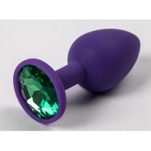 Фиолетовая силиконовая анальная пробка с зеленым стразом - 7,1 см., 47156, цвет Фиолетовый, длина 7.1 см.