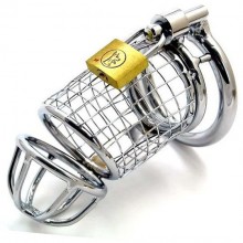 Клетка на половой член с фиксирующим кольцом и замком, металл, OEM TPV-0012S, цвет Серебристый, диаметр 4 см.