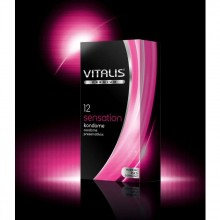 Vitalis Premium «Sensation» латексные презервативы с пупырышкам и кольцами, упаковка 12 шт, бренд R&S Consumer Goods GmbH, длина 18 см.