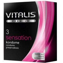 Vitalis Premium «Sensation» латексные презервативы с пупырышкам и кольцами, упаковка 3 шт, бренд R&S Consumer Goods GmbH, длина 18 см.