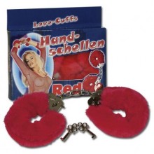 Металлические наручники «Love Cuffs Red» в меховой съемной оболочке, цвет красный, бренд Orion, диаметр 4.5 см.