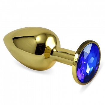 Золотая анальная пробка, с синим стразом, Luxurious Tail 47004, коллекция Anal Jewelry Plug, цвет Золотой, длина 7.5 см.
