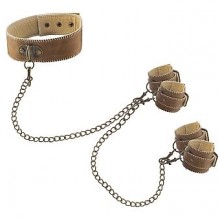 Кожанный ошейник с наручниками для рук и ног OUCH «Collar with Hands & Ankle Cuffs», цвет коричневый, SH-OU167BRN, бренд Shots Media