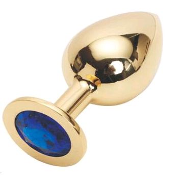 Golden Plug Large большая металлическая пробка, цвет кристалла синий, коллекция Anal Jewelry Plug, длина 9.5 см.