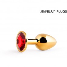 Металлическая анальная пробка золотого цвета, кристалл - красный, GS-16, коллекция Anal Jewelry Plug, длина 7.2 см.