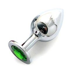 «Silver Plug Large» большая металлическая пробка серебристого цвета, кристалл - зеленый, коллекция Anal Jewelry Plug, длина 9.5 см.