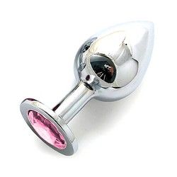 «Silver Plug Large» большая металлическая пробка серебристого цвета, кристалл - розовый, коллекция Anal Jewelry Plug, длина 9.5 см.