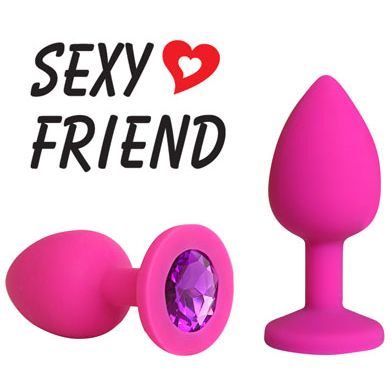 Силиконовая анальная пробка c фиолетовым кристаллом, цвет розовый, Sexy Friend SF-70190-04, длина 7.3 см.