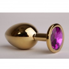 Анальная пробка золотая с фиолетовым кристаллом, 47058-1-MM, цвет Фиолетовый, длина 8.2 см.
