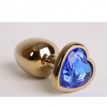 Золотистая анальная пробка с сердечком из синего страза, 47190-MM, коллекция Anal Jewelry Plug, цвет Золотой, длина 7.5 см.