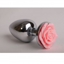 Металлическая анальная пробка с розой, цвет розы - светло-розовый, размер S, 47183-MM, коллекция Anal Jewelry Plug, длина 7.6 см.