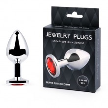 «Silver Plug Medium» анальная втулка с украшением, длина 82 мм, диаметр 34 мм, вес 90г, цвет кристалла красный, SM-16, коллекция Anal Jewelry Plug, длина 8.2 см.