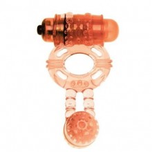 Эрекционное виброкольцо с анальным стимулятором «Super Twin Vibe Skin», цвет оранжевый, ShotsToys SH-SHT010SKN, бренд Shots Media, из материала ПВХ, диаметр 2 см.