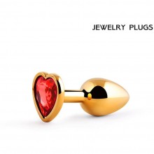 Маленькая анальная пробка золотая с ограничителем в виде сердца красного цвета, длина 70 мм, диаметр 28 мм, SCHG-16, из материала Металл, коллекция Anal Jewelry Plug, длина 7 см.