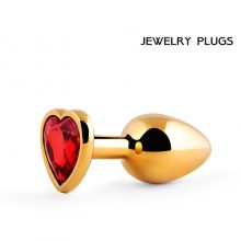 Золотистая анальная пробка с красным кристаллом в виде сердечка, длина 80 мм, диаметр 34 мм, MCHG-16, из материала Металл, коллекция Anal Jewelry Plug, цвет Золотой, длина 8 см.
