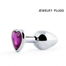 Классическая анальная пробка серебряная из металла с фиолетовым кристаллом в виде сердечка, MCH-04, коллекция Anal Jewelry Plug, длина 8 см.