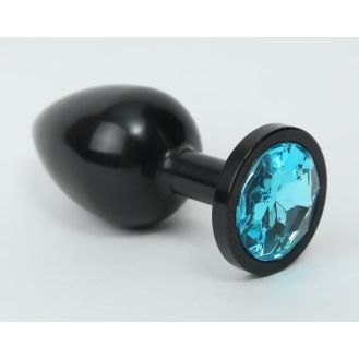 Классическая анальная пробка с голубым стразом, цвет черный, 47412-1MM, коллекция Anal Jewelry Plug, длина 7.1 см.