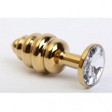 Фигурная анальная пробка с прозрачным стразом, цвет золотой, 47425-4MM, коллекция Anal Jewelry Plug, длина 7.3 см.