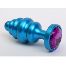 Фигурная анальная пробка с фиолетовым стразом, цвет голубой, 47428-5MM, бренд 4sexdream, из материала Металл, длина 7.3 см.