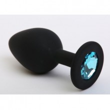 Силиконовая анальная пробка классической формы с голубым стразом, цвет черный, 47408-MM, коллекция Anal Jewelry Plug, длина 7 см.