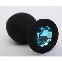 Силиконовая анальная пробка классической формы с голубым стразом, цвет черный, 47408-1MM, коллекция Anal Jewelry Plug, длина 8.2 см.