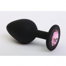 Силиконовая анальная пробка классической формы с розовым стразом, цвет черный, 47409-MM, коллекция Anal Jewelry Plug, длина 7 см.
