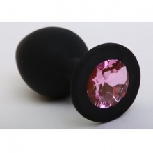 Силиконовая анальная пробка классической формы с розовым стразом, цвет черный, 47409-1MM, коллекция Anal Jewelry Plug, длина 8.2 см.