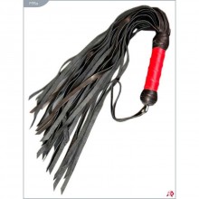 Кожаная плеть с ручкой из 35 хвостов с красной ручкой, цвет черный, Подиум Р195а, длина 50 см.