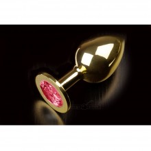 Большая анальная пробка с закругленным кончиком и розовым кристаллом, цвет золотой, Пикантные Штучки DPRLG252P, коллекция Anal Jewelry Plug, длина 9 см.